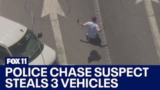 Police chase Suspect in custody after carjacking three vehicles across LA County [upl. by Epuladaug]