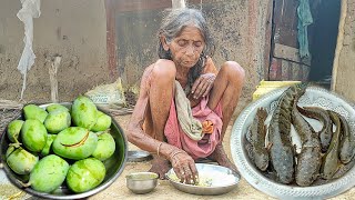 90 year old widow grandma cooking SHOL FISH with Mango amp eating with ricegrandma village kitchen [upl. by Ramso]