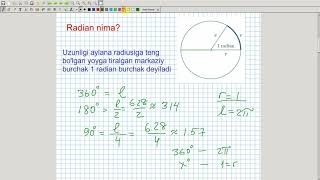 Trigonometriya elementlari Burchakning radian olchovi Algebra 9sinf 21dars [upl. by Moreen]