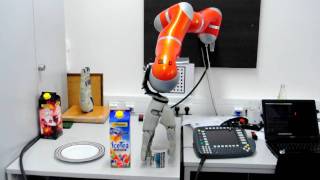 DLRHIT Hand on a KUKA LWR4 Robot manipulating a cup and an ice tea box IAS Department  TUM [upl. by Araccat]