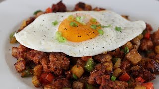 Mexican Chorizo Breakfast Hash With Potatoes And Fried Egg Sunny Side Up Recipe [upl. by Lutim]