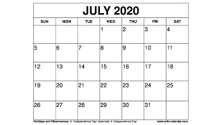 Free Printable July 2020 Calendar  WikiCalendarCom [upl. by Rehtul]