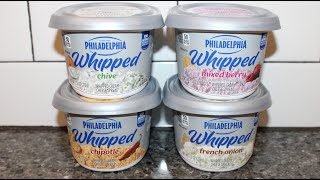 Philadelphia Whipped Cream Cheese Spread Chive Mixed Berry Chipotle amp French Onion Review [upl. by Arymahs]