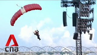 Red Lions parachuter stretchered off after hard landing at National Day parade 2022 [upl. by Roxie]