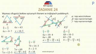 Trójkąty podobne Wyznacz długości boków opisanych literami Fragment Kursu PLANIMETRIA [upl. by Aisyat]