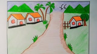 Easy Village scenery art and colour গ্রামের দৃশ্য আঁকা [upl. by Forlini]