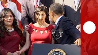 Video Obama catches fainting pregnant woman during healthcare announcement [upl. by Ahsiuqal607]