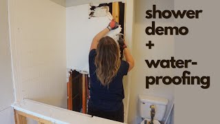 SHOWER DEMO amp WATERPROOFING  Main Bathroom Makeover pt 4 [upl. by Edivad]