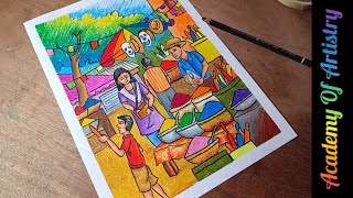 Marketing colors during Holi scenery drawing  beautiful spring season drawing  oil pastel colour [upl. by Ettedo674]