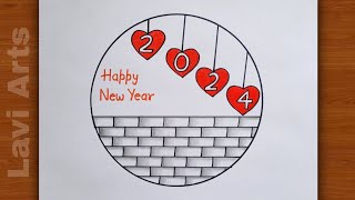 Circle drawing 🥰  Easy Happy New Year drawing  New year drawing  Easy drawing for beginners 2024 [upl. by Ahsemad541]