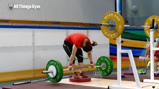 Zhou Jun 58kg China Round Back Deadlifts 2015 Junior Worlds Training Hall [upl. by Akered]