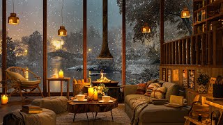 Winter Ambience at Cozy Coffee Shop  Snowfall on Window Fireplace and Lake view For Relax Sleep [upl. by Anelrats]