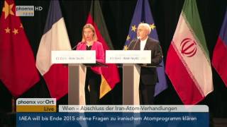 Abschluss der Atomkonferenz Federica Mogherini amp Mohammed Dschawad Sarif zur Einigung am 14072015 [upl. by Zorina]