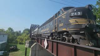 2 Western Maryland F Units Push the New Tygart Flyer in Elkins West Virginia [upl. by Ahsinyd]