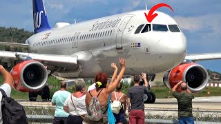 Airbus A320 VS Plane Spotters  JETBLAST amp Waving Pilot at Skiathos Airport  Takeoff in 4K [upl. by Avner]