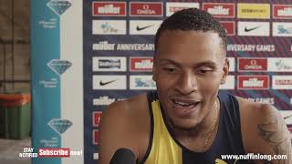 ANDRE DEGRASSE AFTER RUNNING SUB 10 SECONDS AT THE ANNIVERSARY GAMES 2019 [upl. by Zaremski]