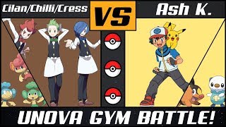 Unova Gym1 Ash vs CilanCressChilli Pokémon SunMoon [upl. by Htilil]