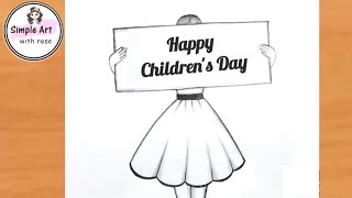 How to draw a girl with childrens day poster Childrens day drawing Chachaji drawing simple art [upl. by Lisab779]