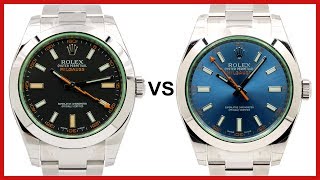 ▶ Rolex Milgauss Green Sapphire Crystal black vs blue Dial COMPARISON  116400 [upl. by Oirasec]