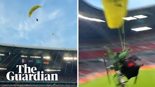 Greenpeace parachuters nearcrash landing at start of Euro 2020 match [upl. by Nedah]