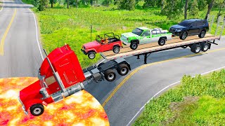 Box Trailer Rescue Cars Through Lava  Cars vs Lava – BeamNGDrive 2 [upl. by Oicapot]