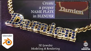 3D Jewelry modeling and rendering Create a proper Name Plate with gemstones using Blender 32 [upl. by Aohsoj]