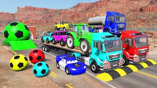 Double Flatbed Trailer Truck vs Speedbumps Train vs Cars  Tractor vs Train BeamngDrive 09 [upl. by Chubb605]