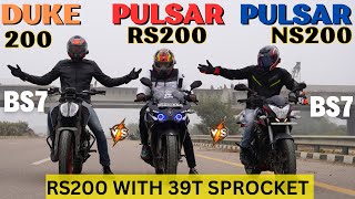 Pulsar RS200 BS7 With 39T Sprocket vs Duke 200 BS7 vs Pulsar NS200 BS7 Drag Race [upl. by Irec]