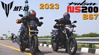 New Bajaj Pulsar NS200 BS7 vs Yamaha MT15 Drag Race [upl. by Aciretnahs265]