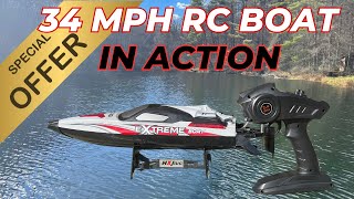 IN ACTION 34 MPH High Speed HJ816 RC Race Boat with 2 Batteries  COUPON CODE [upl. by Ydnagrub]