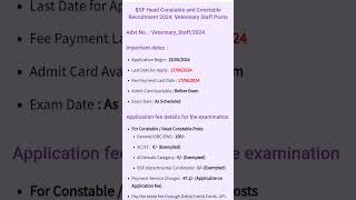BSF Head Constable and Constable Recruitment 2024 Veterinary Staff Posts  vacancyboard applynow [upl. by Ambur]