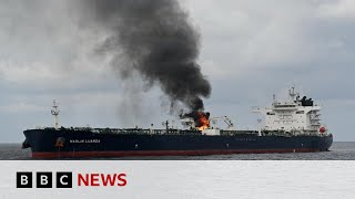 Marlin Luanda Oil tanker on fire for hours following Houthi attack  BBC News [upl. by Burtis]