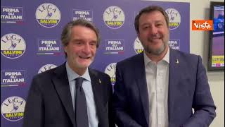 Regionali Lombardia l’esultanza di Salvini e Fontana nella sede della Lega a Milano [upl. by Barr539]