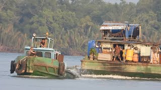 Tugboat Tows Barge Carrying Cranes [upl. by Etnaik]