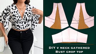 HOW TO MAKE A DEEP V NECK GATHERED BUST CROP TOP WITH A V SHAPE SLEEVE  Cutting amp Stitching [upl. by Drabeck]