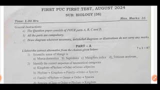 1st PUC first test question paper 2024BiologyMysuru district paper1st PUC 1st quarterly test 2024 [upl. by Aicnarf12]