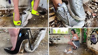 High Heels vs Sneakers Fila Disruptor FULL Destruction Sneakers in Fire Sneakers Ruined  1430 [upl. by Alikat]