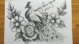 happy new year card 2021how to make new year greeting cardeasy peacock drawingnew year card [upl. by Ruhtracm]