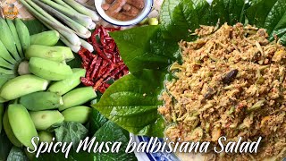 Delicious snack spicy musa balbisiana salad  local food of Northeast Thailand  เตาถ่านจานอร่อย [upl. by Kcolttam]