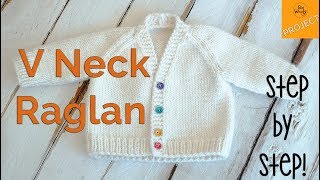 How to knit a Baby VNeck Raglan Cardigan step by step  Part 2 [upl. by Atiuqrehs]