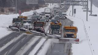 SNOW REMOVAL SIX SNOW PLOW CONVOY Bridge view [upl. by Rot382]