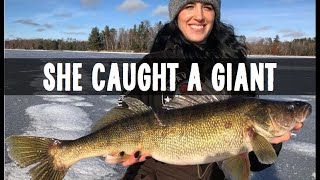 Ice Fishing For Walleyes With Tip Ups  SHE CAUGHT A GIANT [upl. by Adnana]