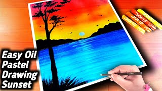 Easy Oil Pastel Sunset Scenery DrawingStep by Step BeginnerHow To Draw Sunset With Oil Pastel [upl. by Navoj274]