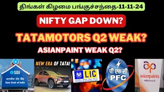 திங்கள் கிழமை பங்குச்சந்தை111124 Nifty Gap Down  SBI  Vedanta  Tatamotors  PFC  LIC  Tamil [upl. by Savior]