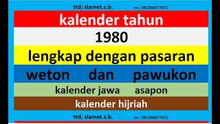 kalender 1980 lengkap pawukon  weton  pasaran kalender jawa  hijriah [upl. by Anirtap]