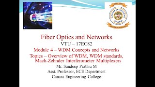 VTU FON 17EC82 M4L1 Overview of WDM WDM standards Mach Zehnder Interferometer Multiplexers [upl. by Nnaid63]