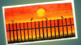 Oil Pastel Sunset Scenery Drawing for Beginner  Simple Sunset Scenery Drawing with oil pastel [upl. by Mckinney]