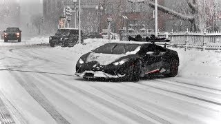 Huracan Performante Drifting in Snow Storm  Snowboarding Behind The Lambo [upl. by Aplihs]