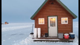 Ice fishing in a log cabin Glamping on Lake of the Woods day 3 at Bostic Bay Luxury Ice Cabins [upl. by Alexandrina]