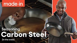 How To Season Carbon Steel Pans In The Oven  Made In Cookware [upl. by Ellynad]